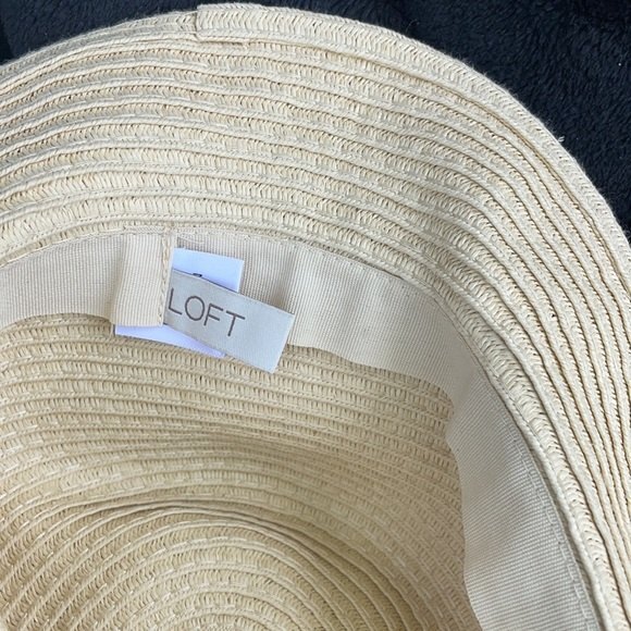 LOFT straw Fedora Pool Navy Blue Ribbon Bow beach hat Womens tan - Picture 3 of 3